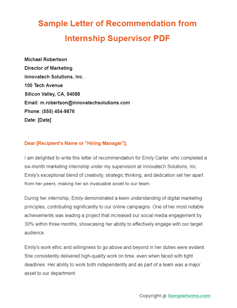 sample letter of recommendation from internship supervisor pdf