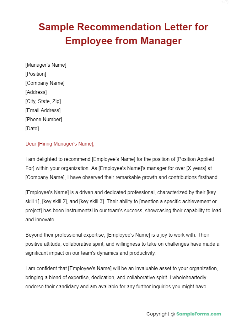 sample recommendation letter for employee from manager