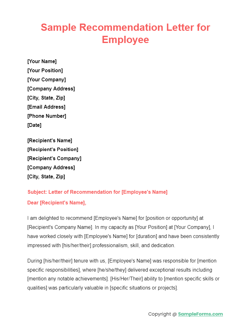 sample recommendation letter for employees