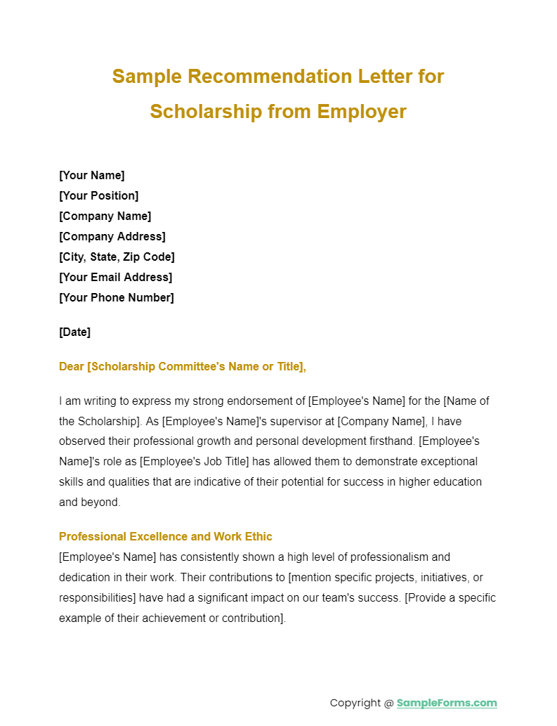sample recommendation letter for scholarship from employer