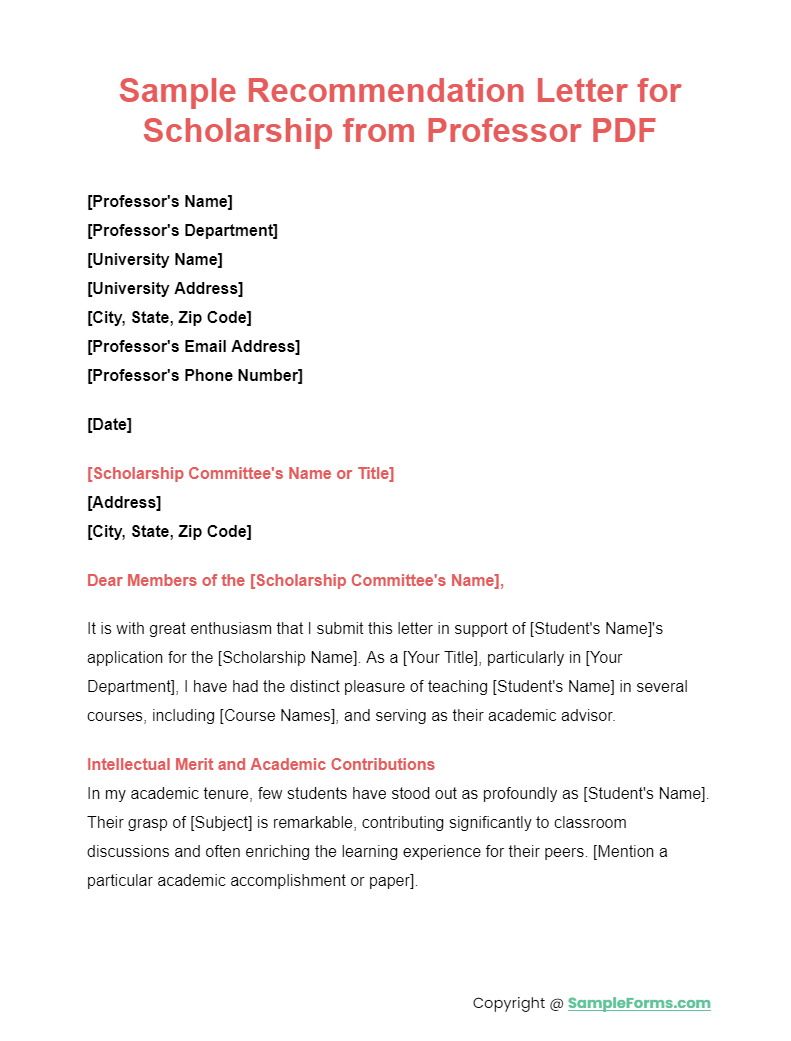 sample recommendation letter for scholarship from professor pdf