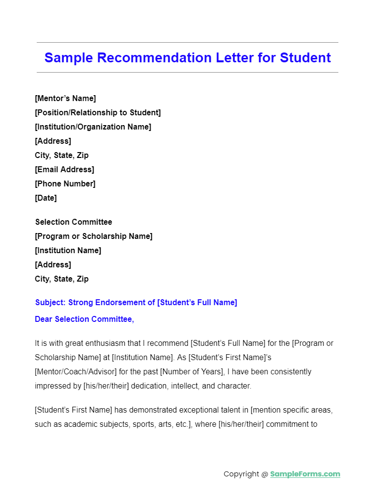 sample recommendation letter for student