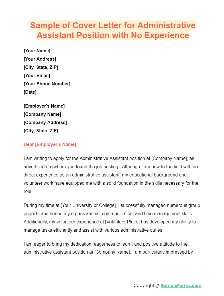 sample of cover letter for administrative assistant position with no experience