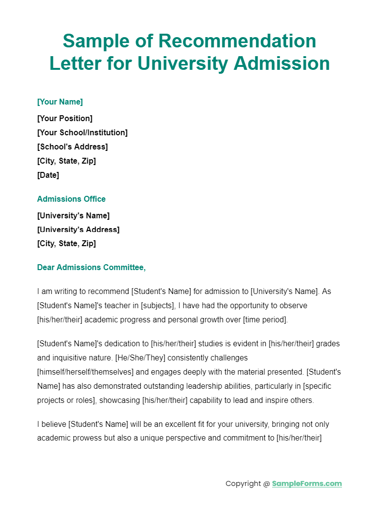 sample of recommendation letter for university admissions