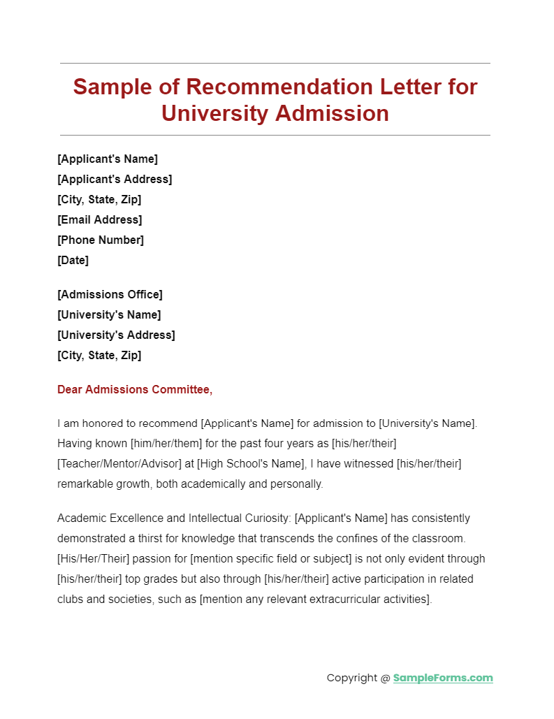 sample of recommendation letters for university admission