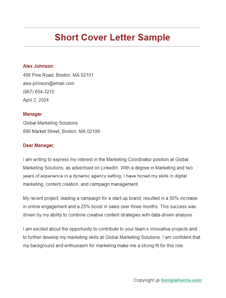 short cover letter sample