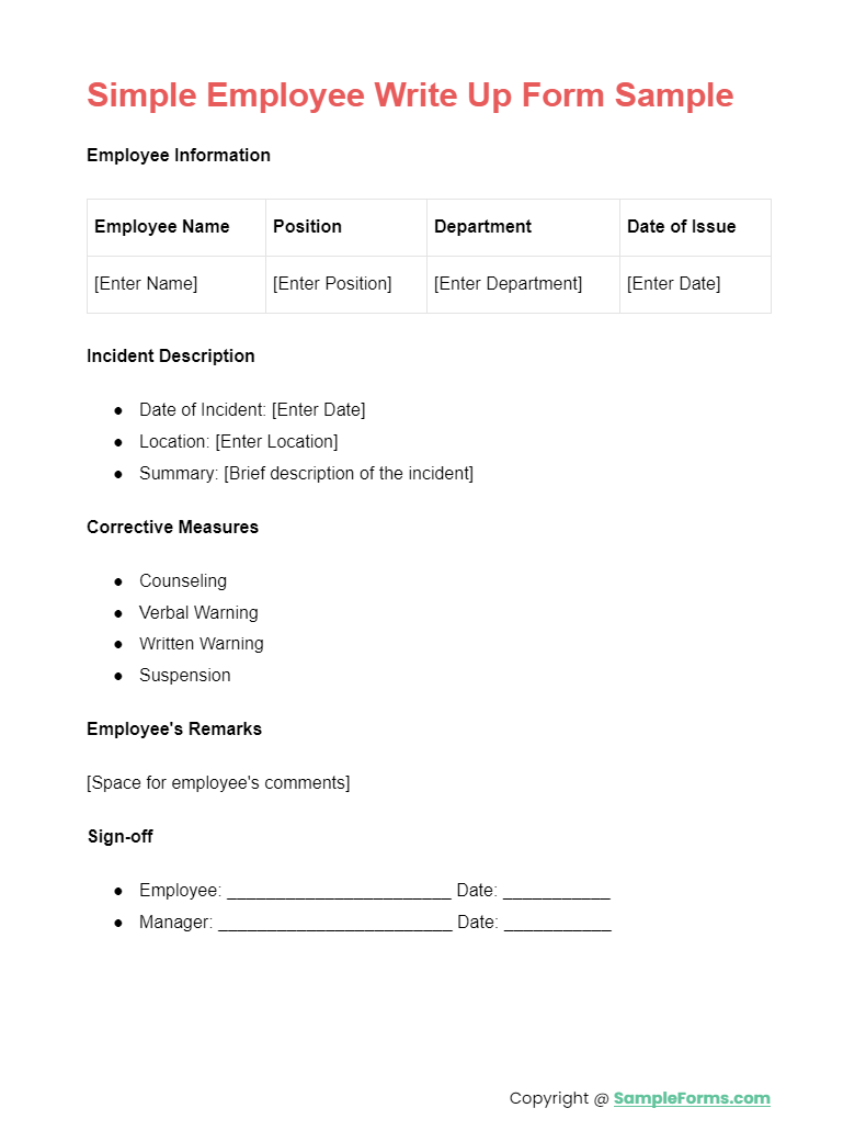 simple employee write up form sample