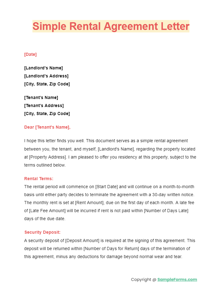 simple rental agreement letter