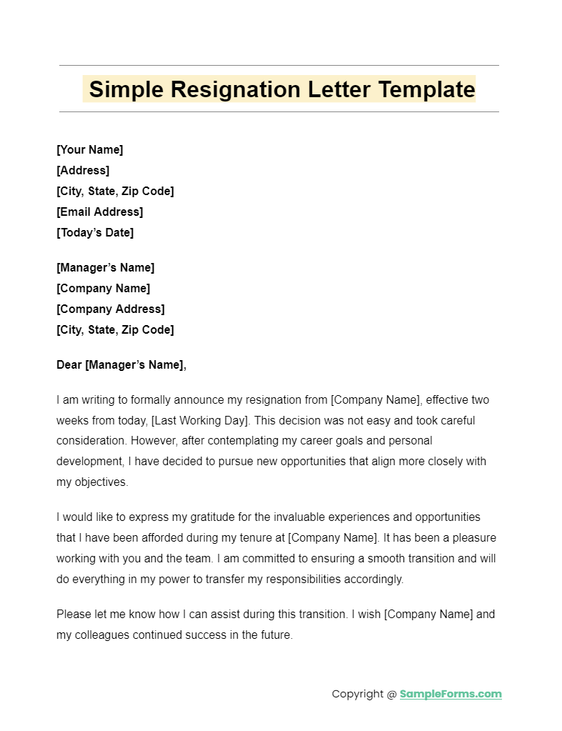 simple resignation letter template