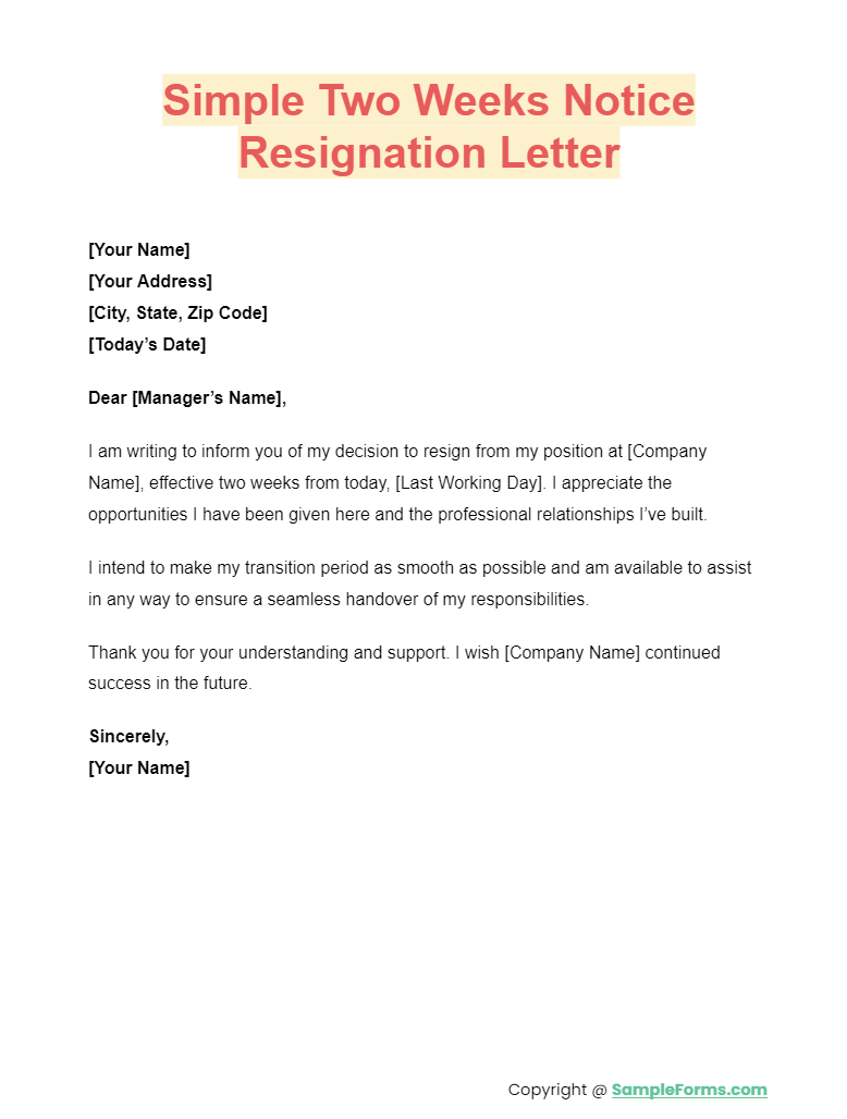 simple two weeks notice resignation letter