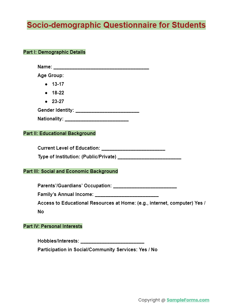 socio demographic questionnaire for students