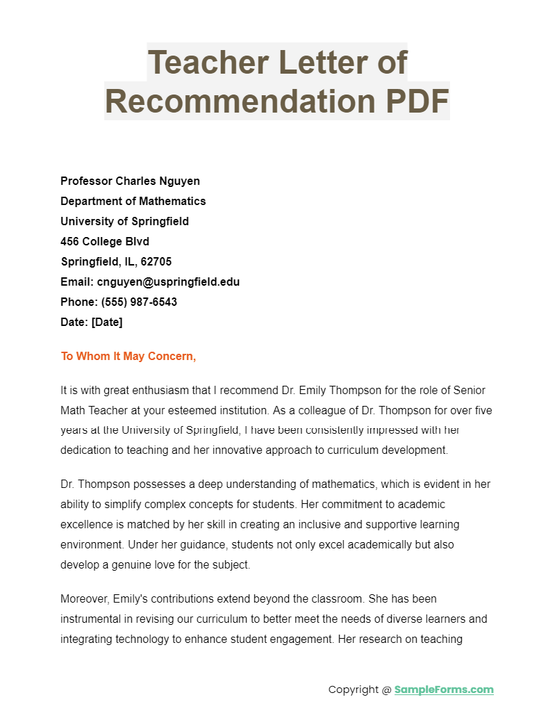 teacher letter of recommendation pdf