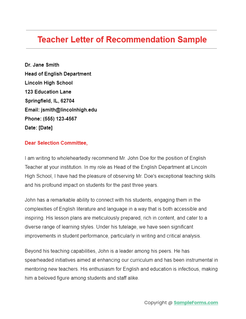 teacher letter of recommendation sample