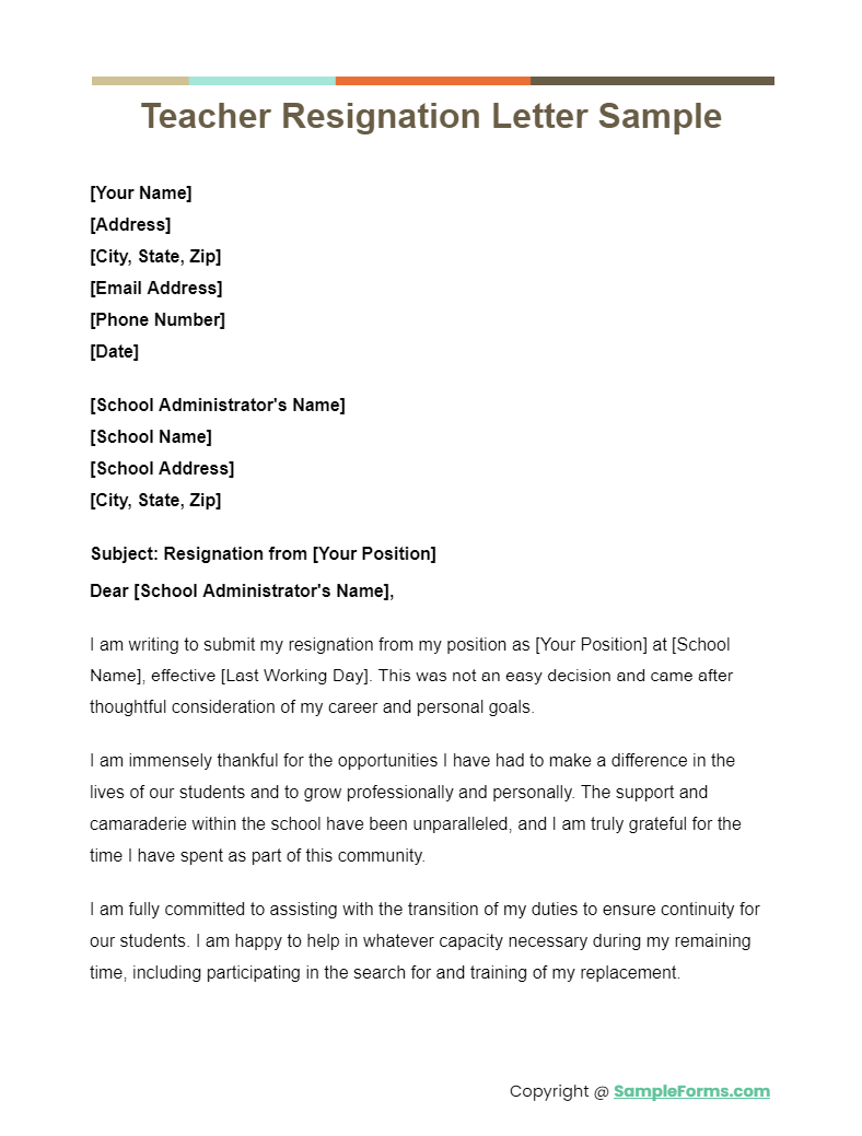 teacher resignation letter sample