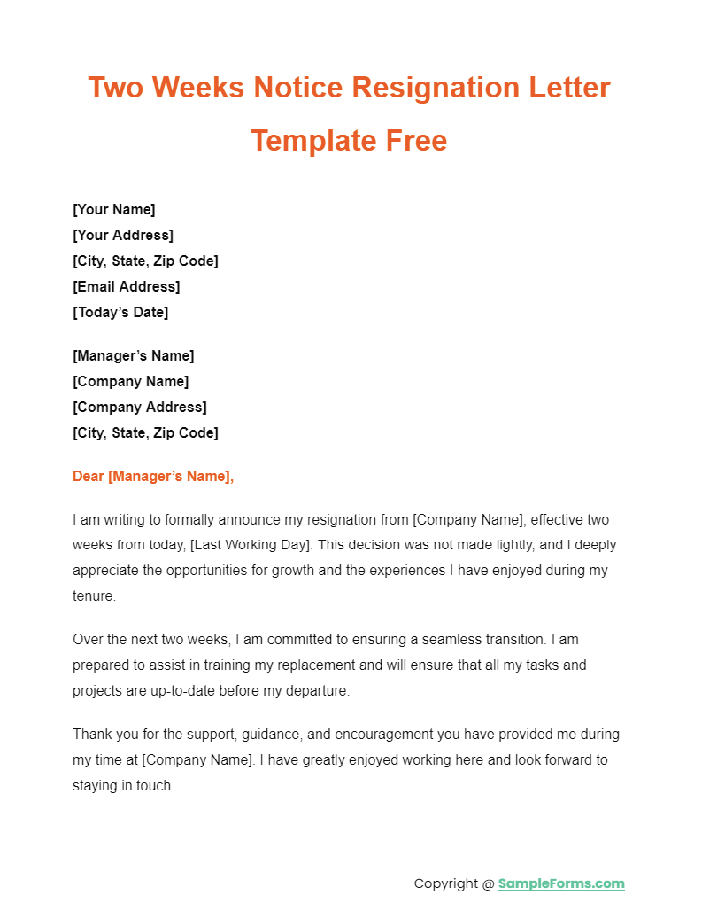 two weeks notice resignation letter template free