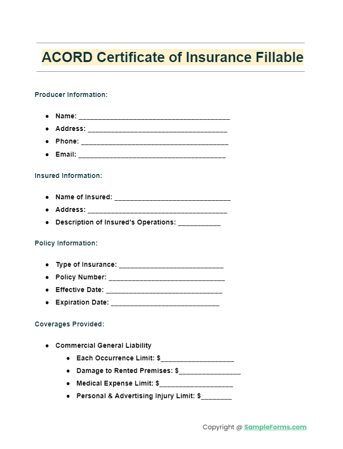 acord certificate of insurance fillable