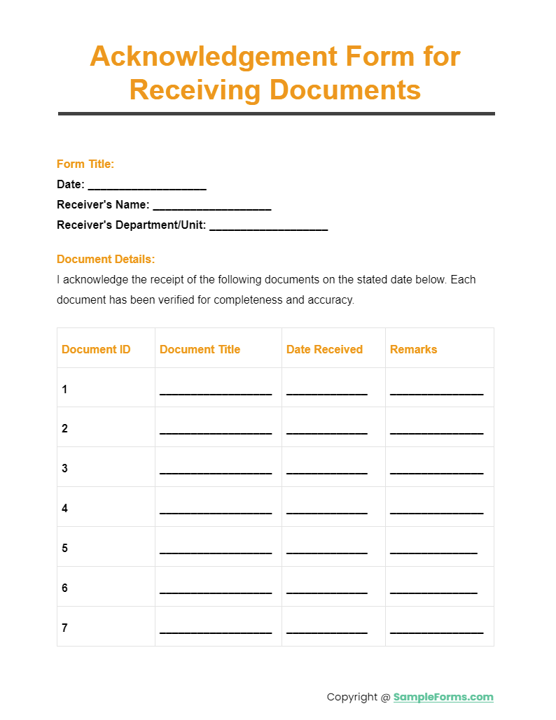 acknowledgement form for receiving documents