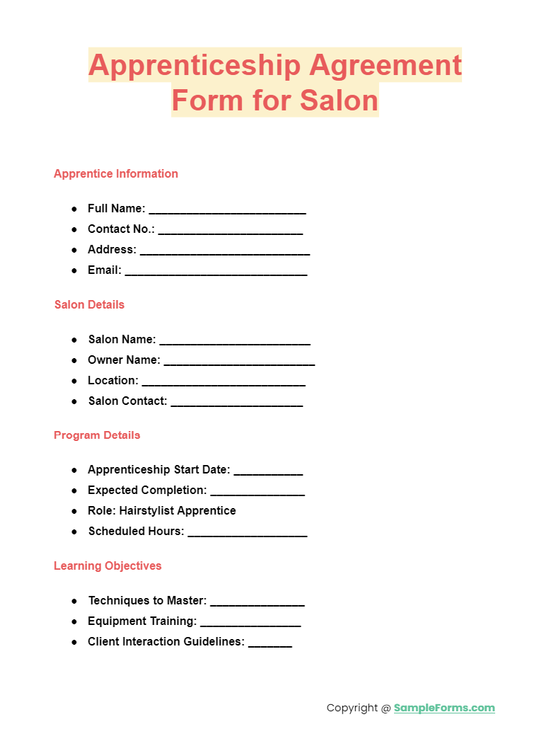 apprenticeship agreement form for salon