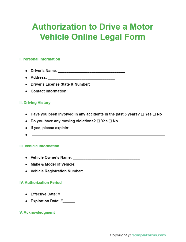 authorization to drive a motor vehicle online legal form