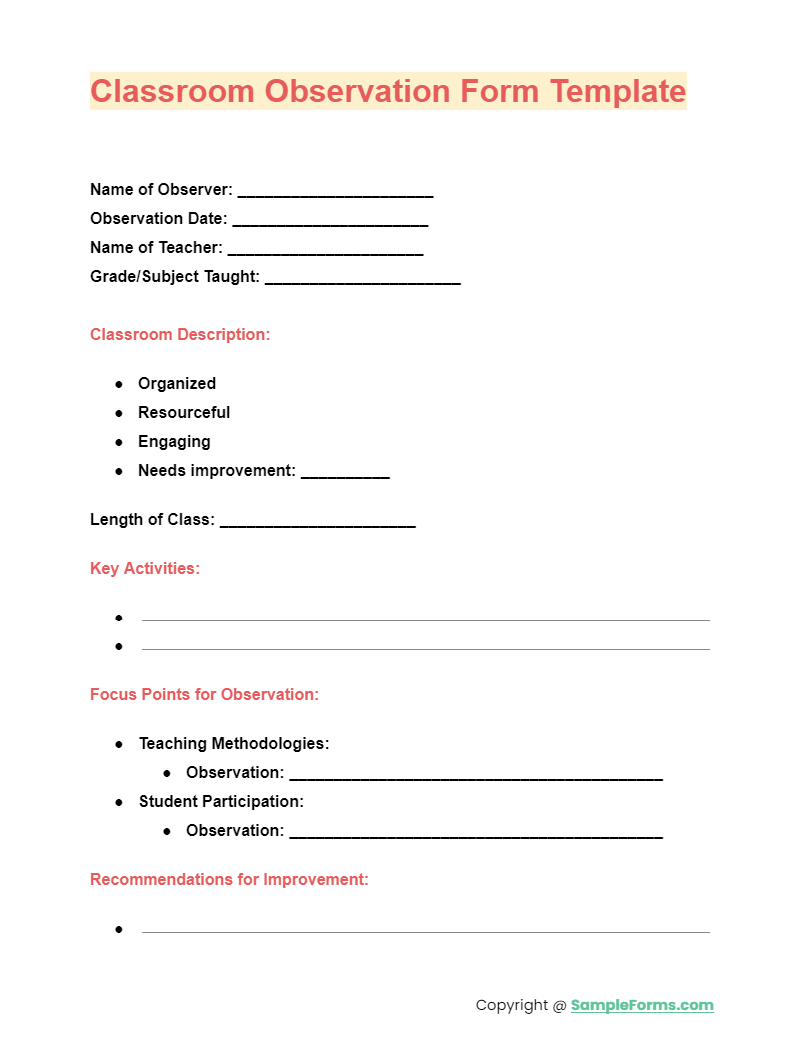 classroom observation form template