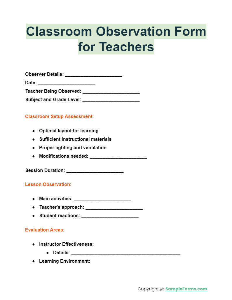 classroom observation form for teachers