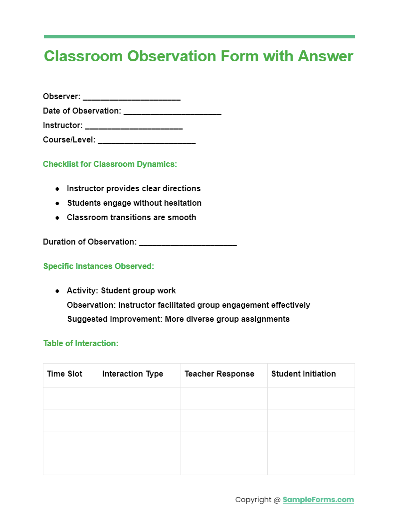 classroom observation form with answer