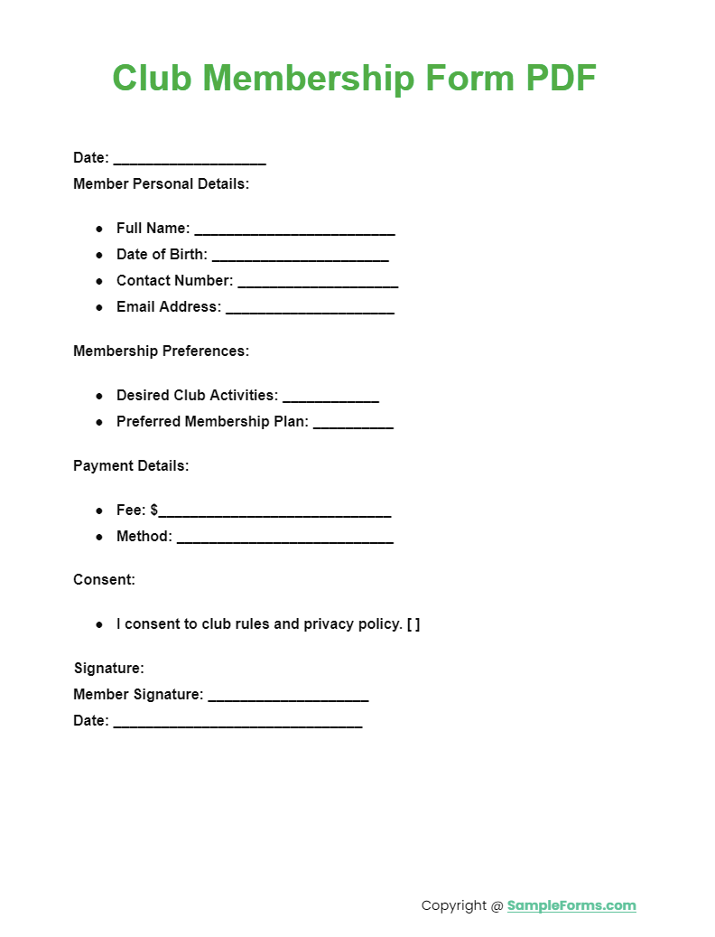 club membership form pdf