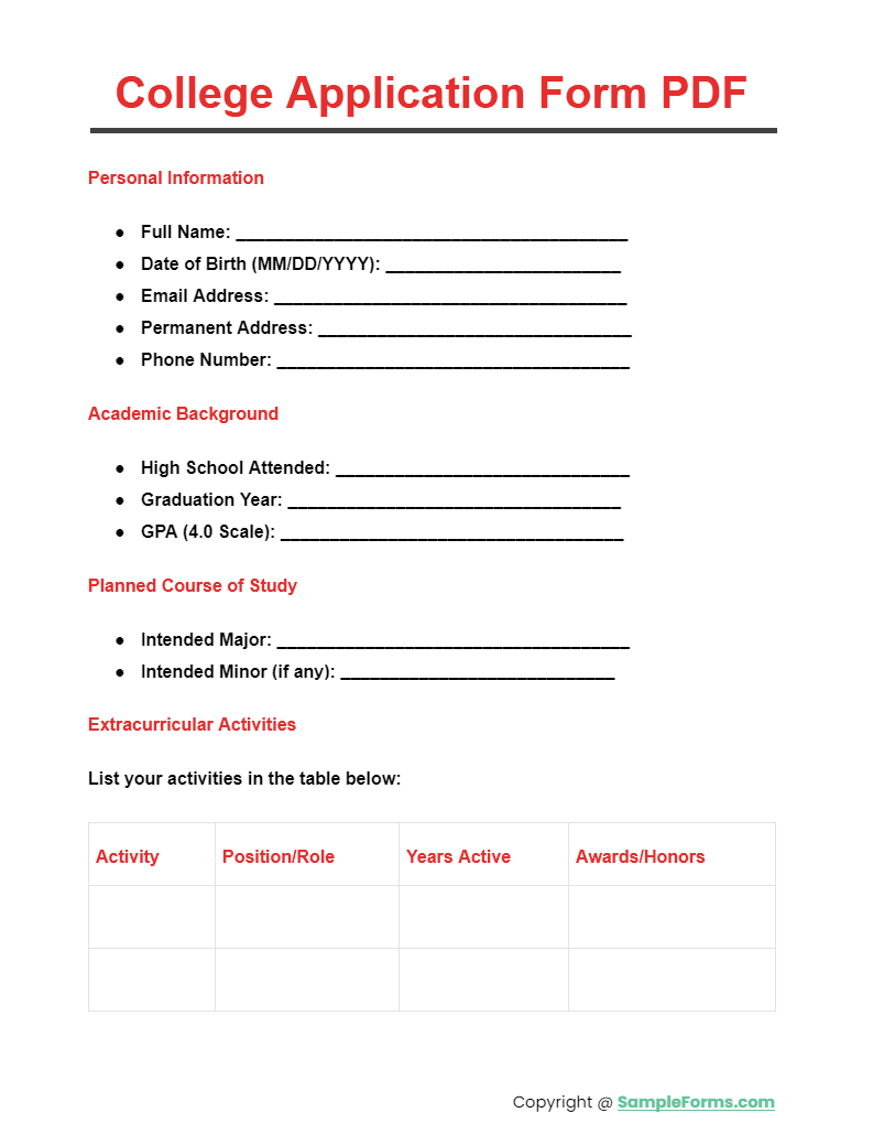 college application form pdf