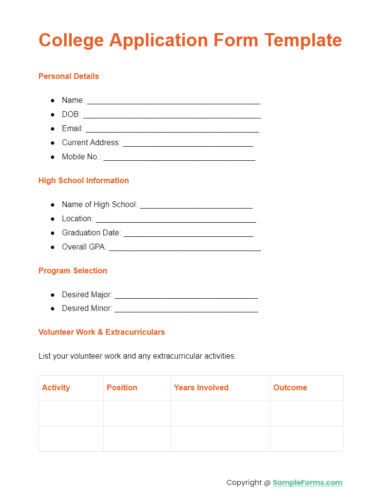 college application form template