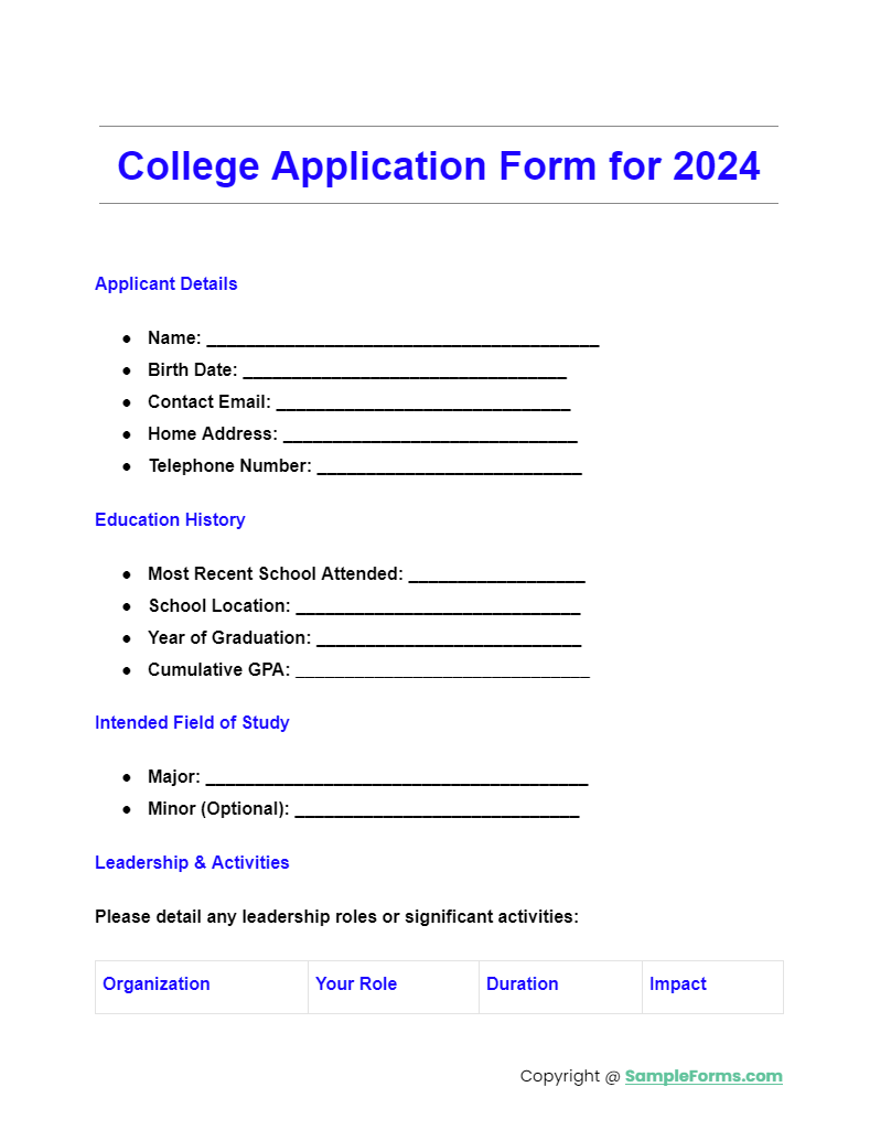college application form for 2024