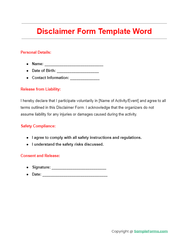 disclaimer form template word