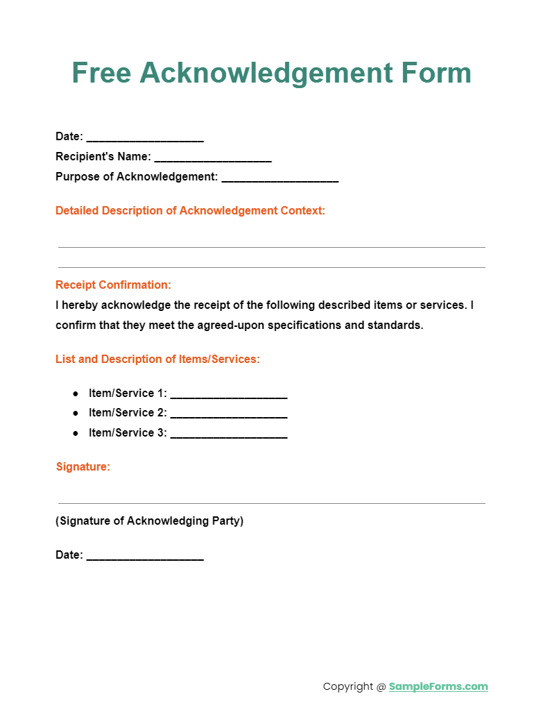 free acknowledgement form