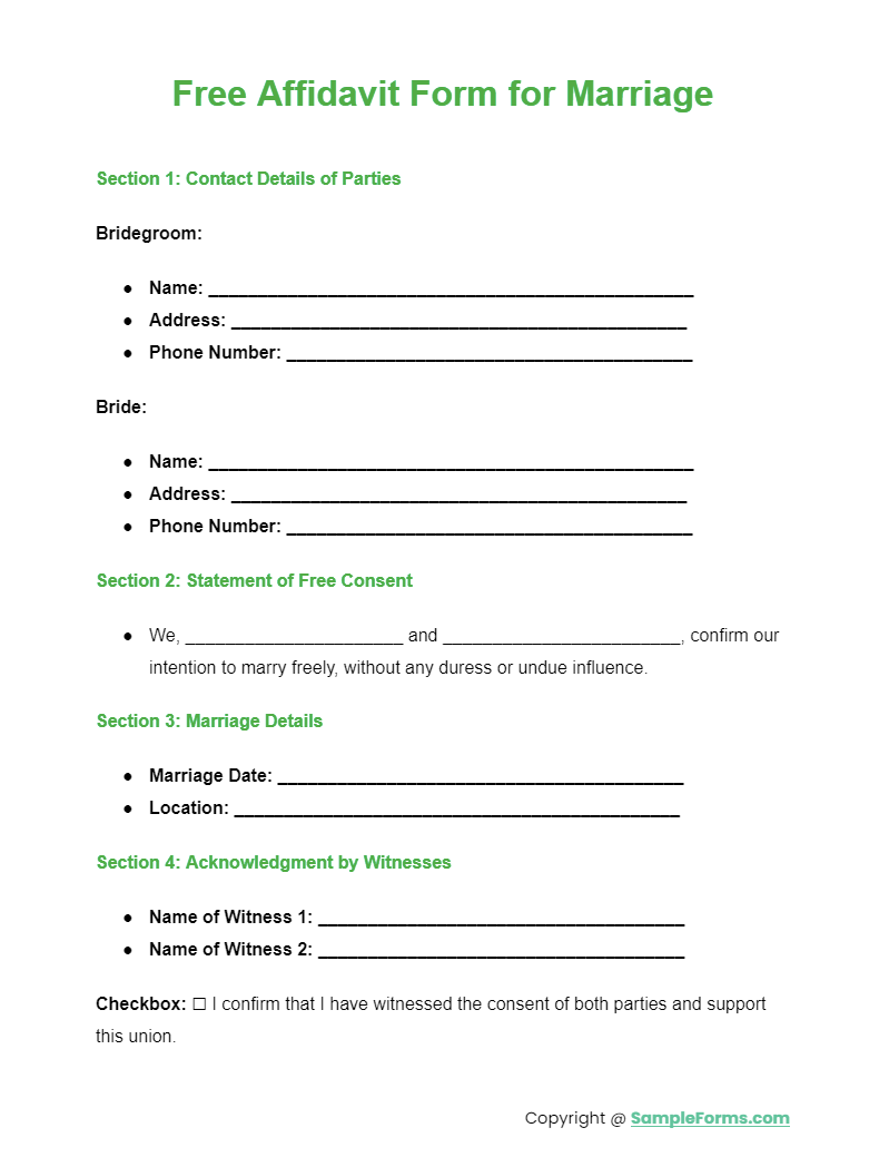 free affidavit form for marriage