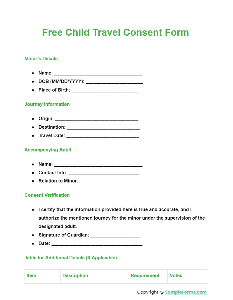 free child travel consent form