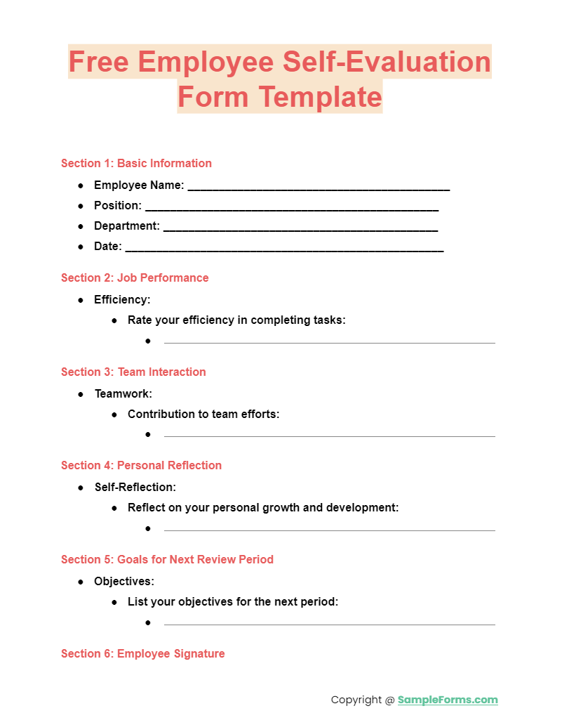 free employee self evaluation form template