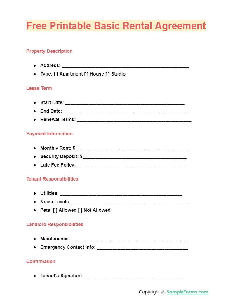 free printable basic rental agreement