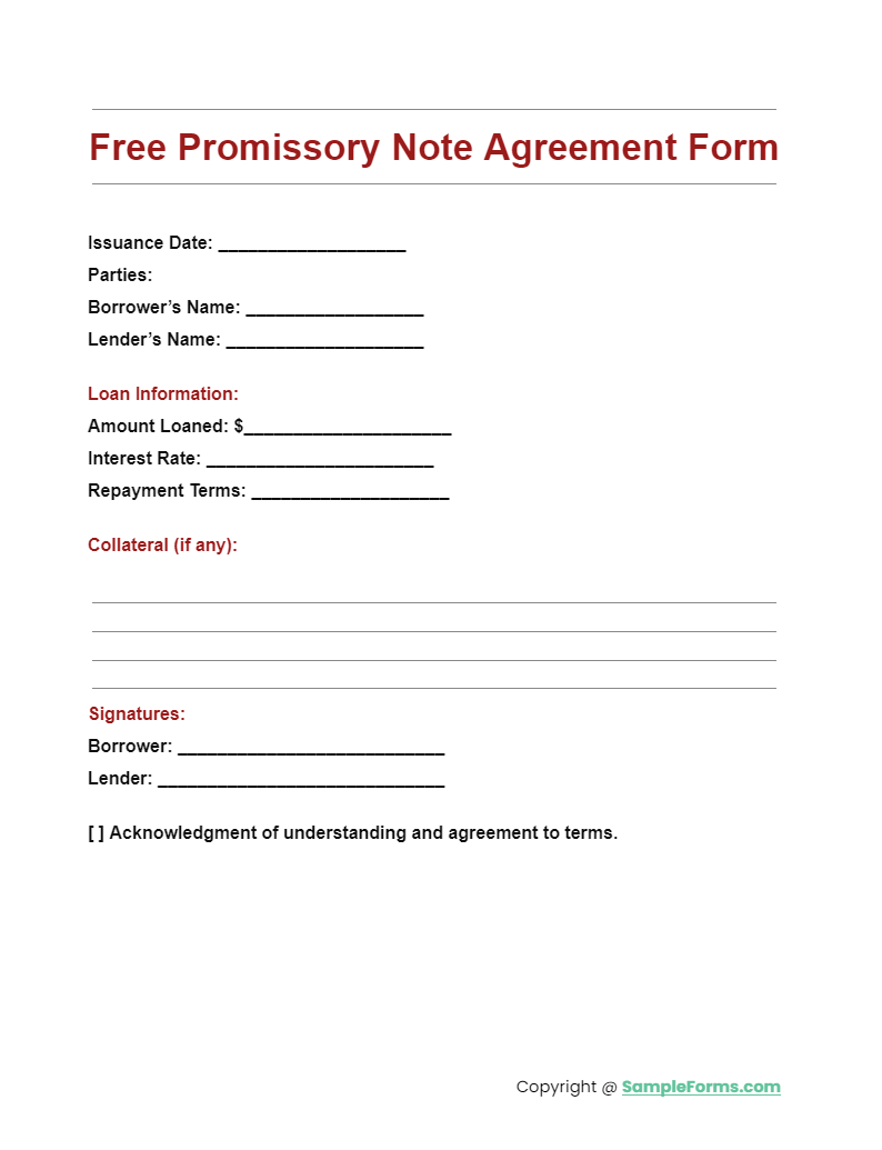 free promissory note agreement form