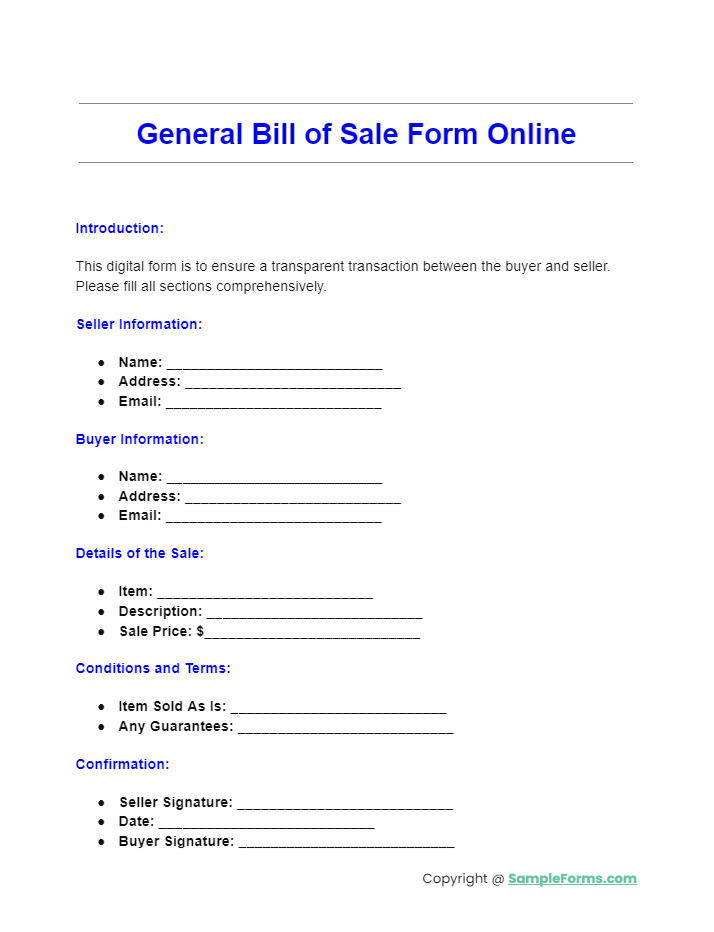 general bill of sale form online