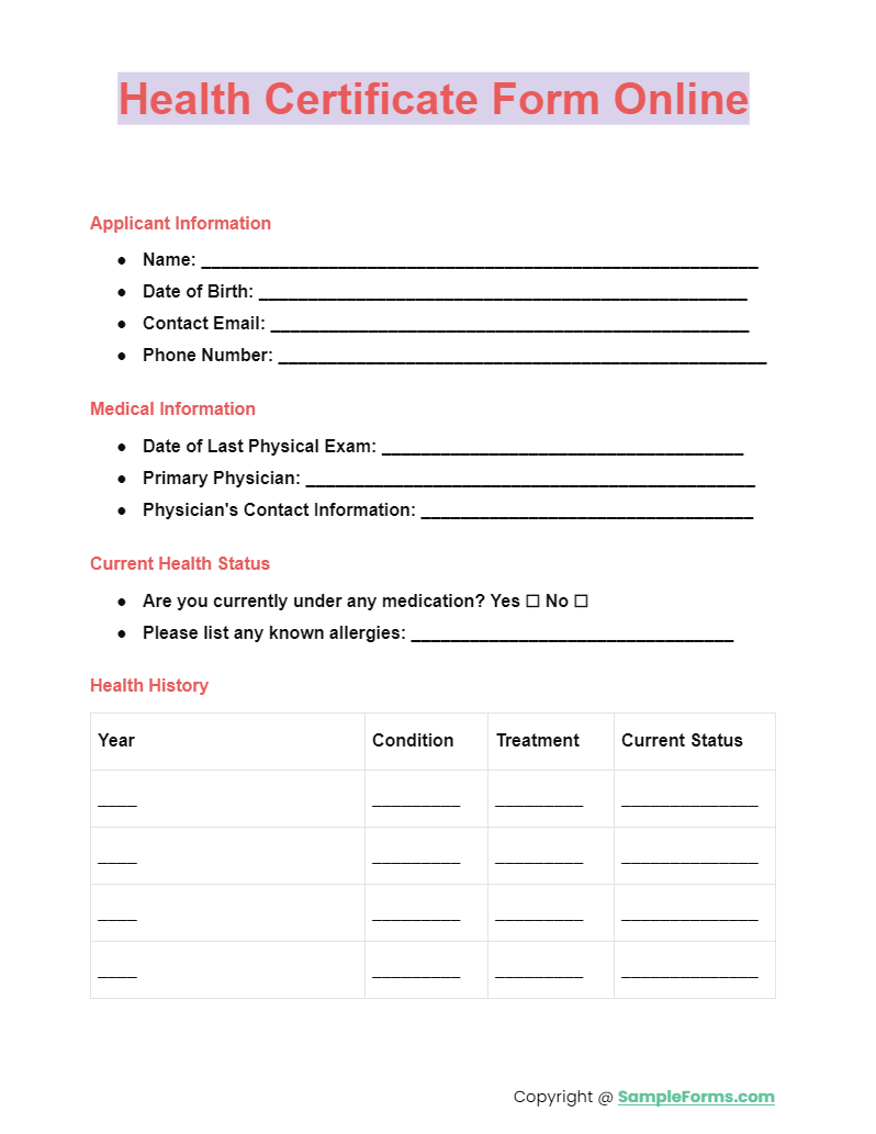 health certificate form online