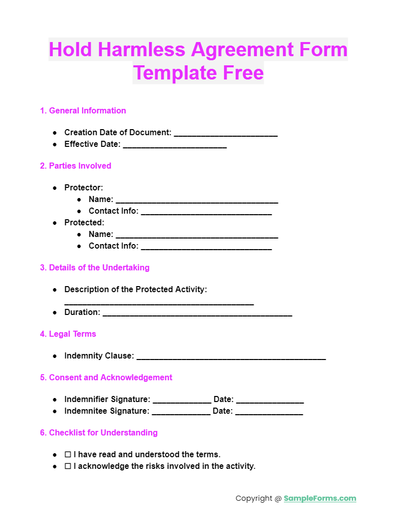 hold harmless agreement form template free
