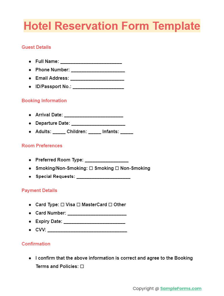 hotel reservation form template