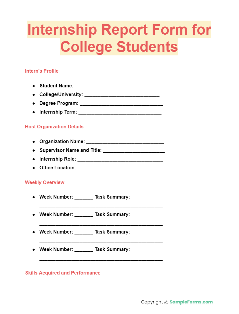 internship report form for college students