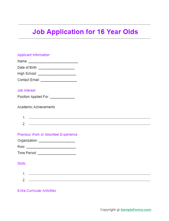 job application for 16 year olds
