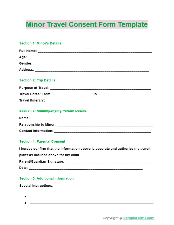 minor travel consent form template