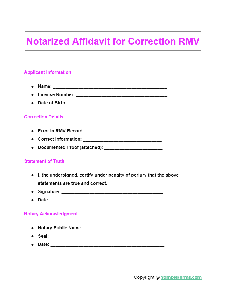 notarized affidavit for correction rmv