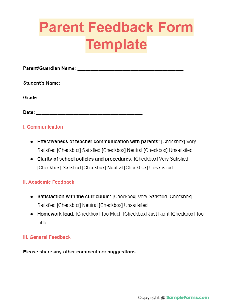parent feedback form template