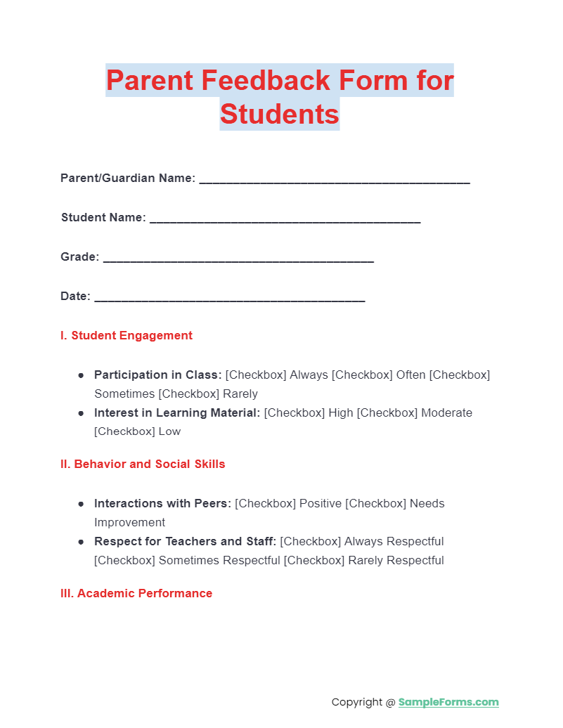 parent feedback form for students