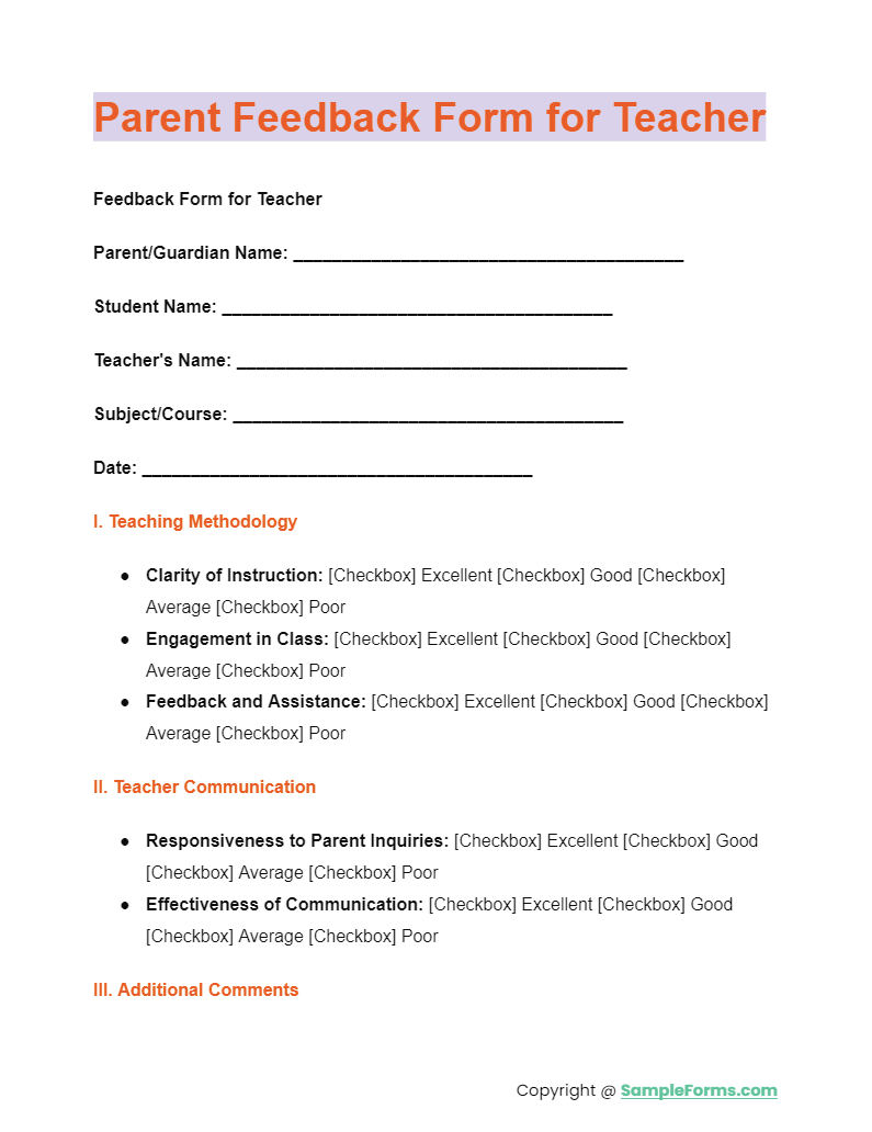 parent feedback form for teacher