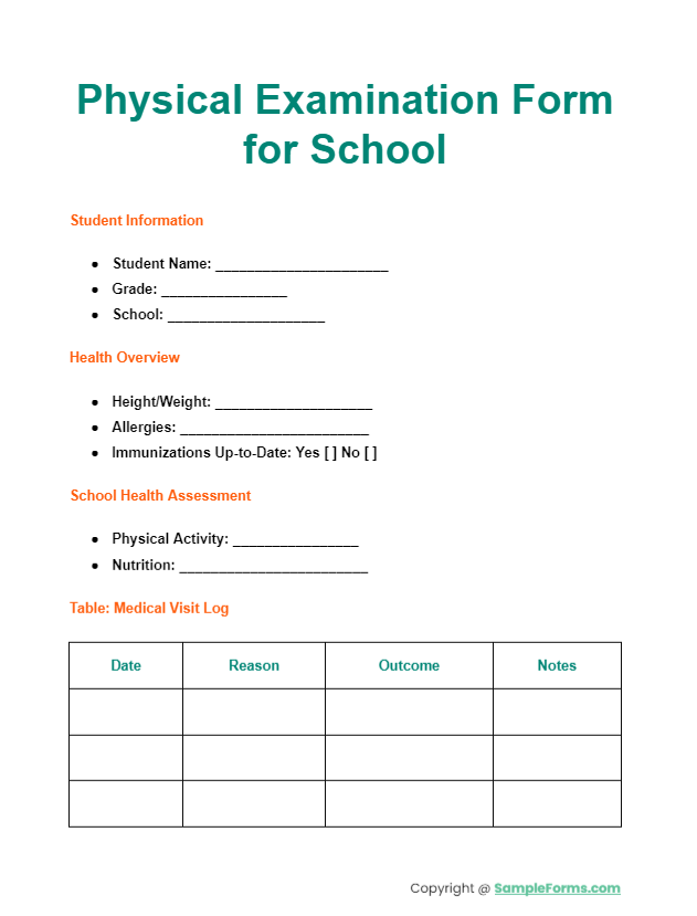 physical examination form for school