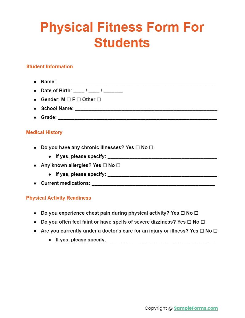 physical fitness form for students